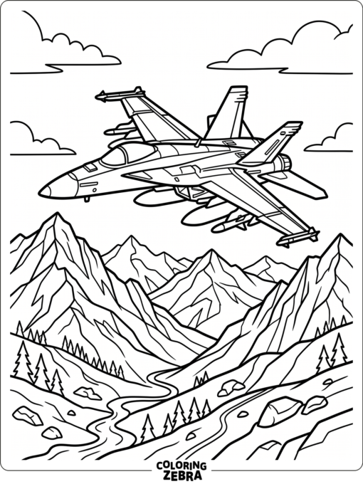 A military jet flying low over mountains