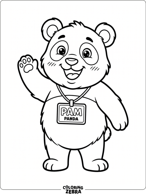 A smiling panda mascot with a name tag