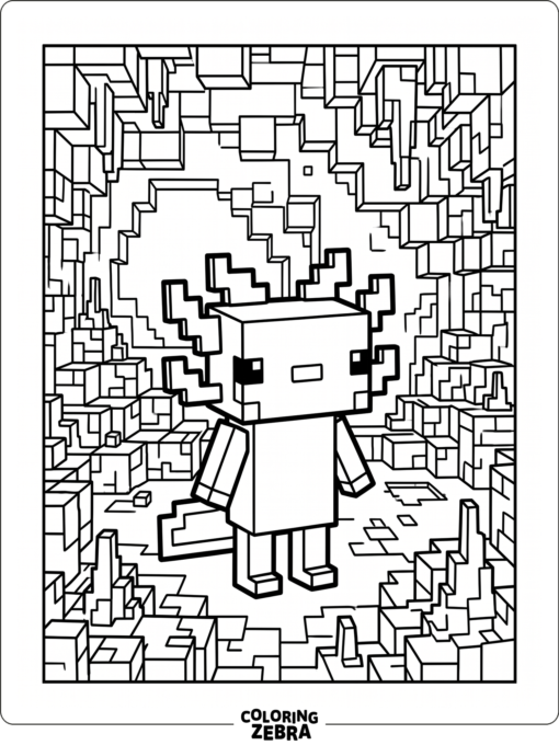 A blocky axolotl in a pixel-style cave