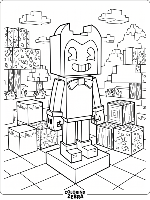 Blocky Bendy in a Minecraft style scene