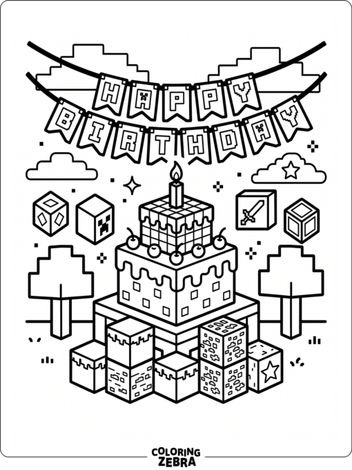 Minecraft birthday cake with blocks and banner