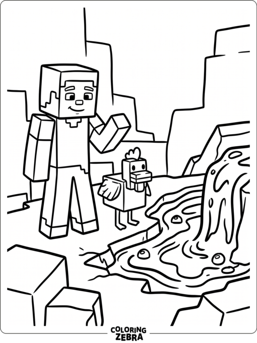 Steve stands by lava with a chicken nearby