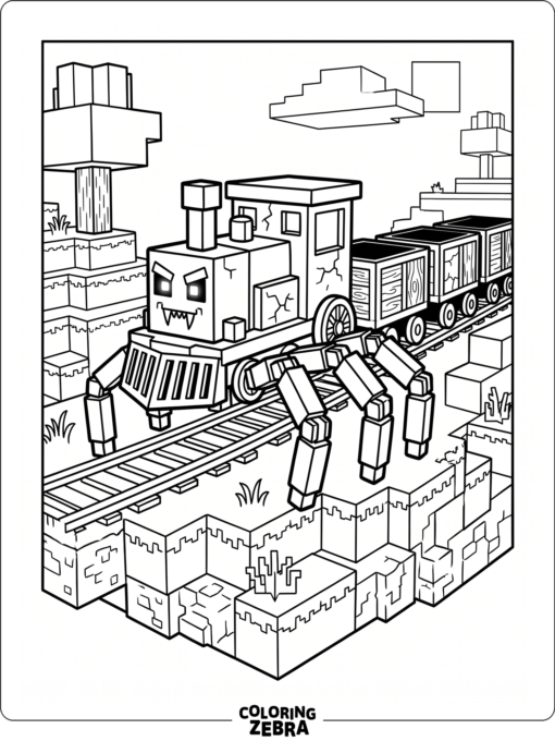 Blocky spider train in a Minecraft scene
