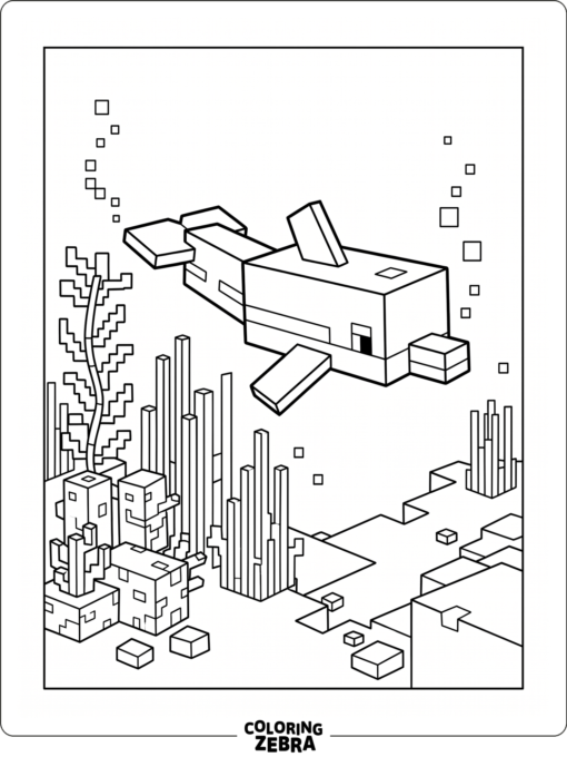 A blocky dolphin swimming near sea plants