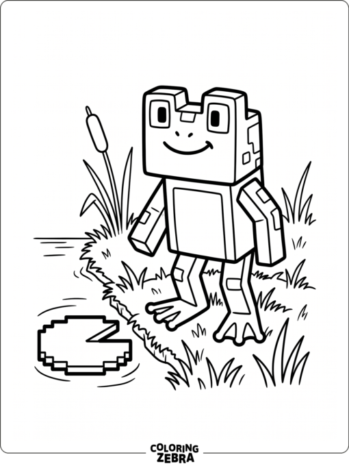 A blocky frog standing near a pixel lily pad