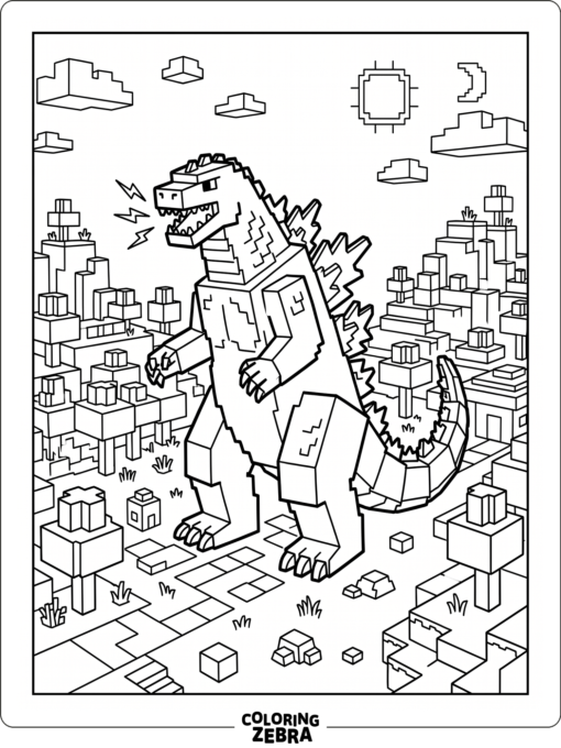 Blocky Godzilla in a Minecraft-style world