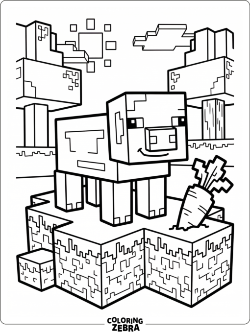 A blocky Minecraft pig standing by a carrot