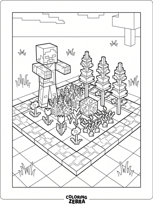 Minecraft zombie stands beside blocky plants in a square garden