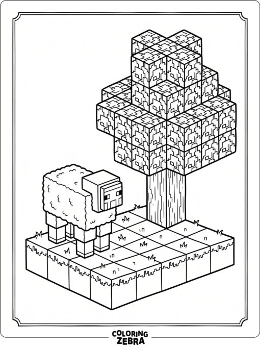 A blocky sheep near a square tree