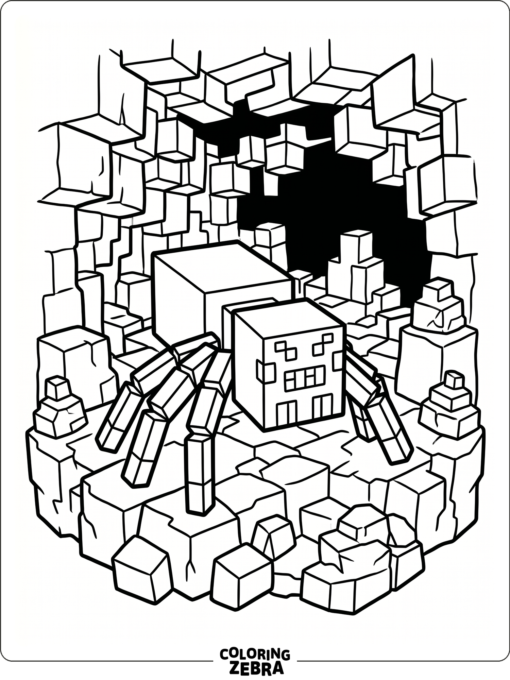 A blocky spider standing in a cave with square rocks