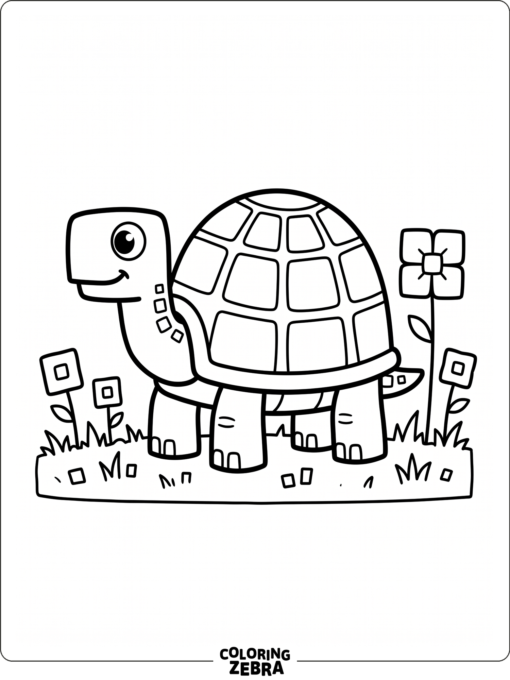A blocky turtle standing on grass with square flowers