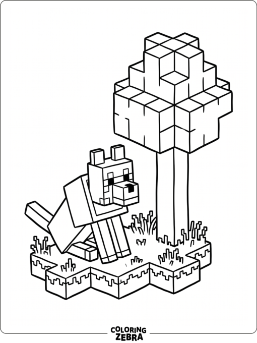 A blocky wolf sitting by a tree