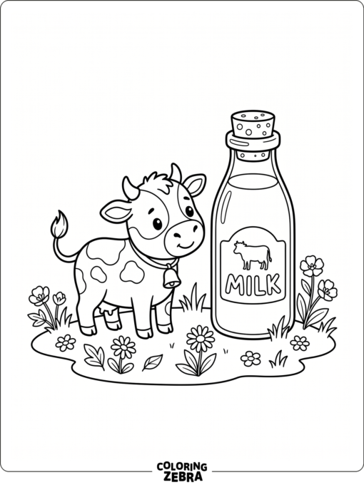 A tiny cow beside a milk bottle and flowers