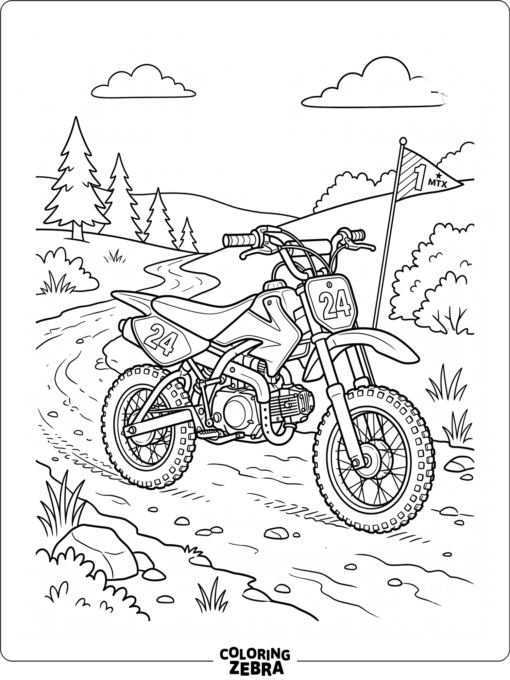 A small dirt bike on a trail with a flag