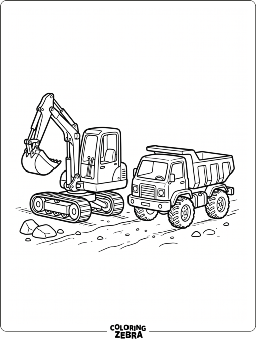 A small excavator beside a truck on a simple road