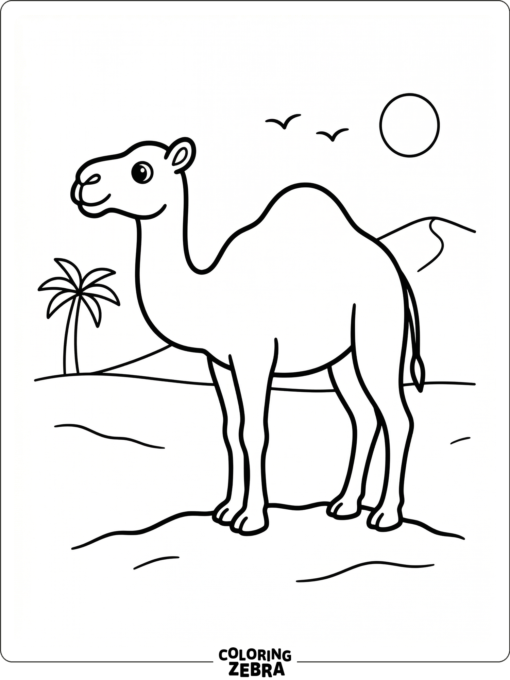 A minimal camel standing on sand with clean lines