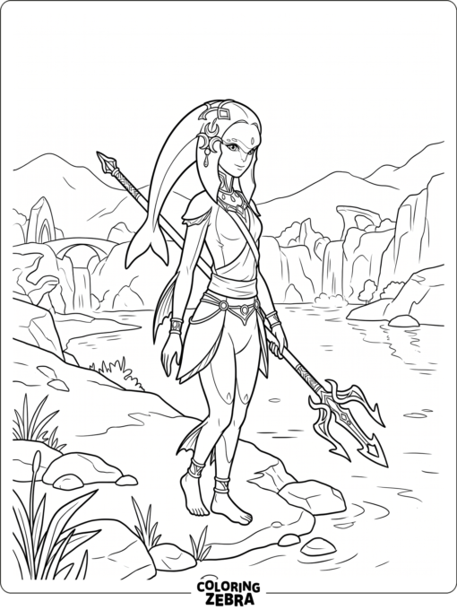 Mipha standing near water with a trident
