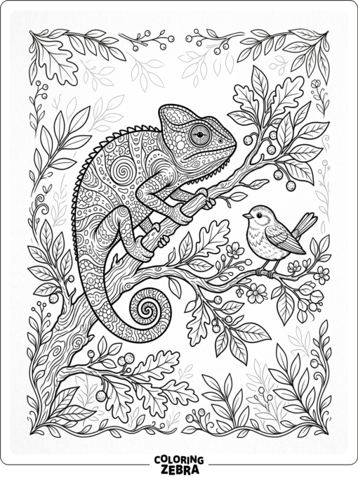 A colorful chameleon near a small bird on branches