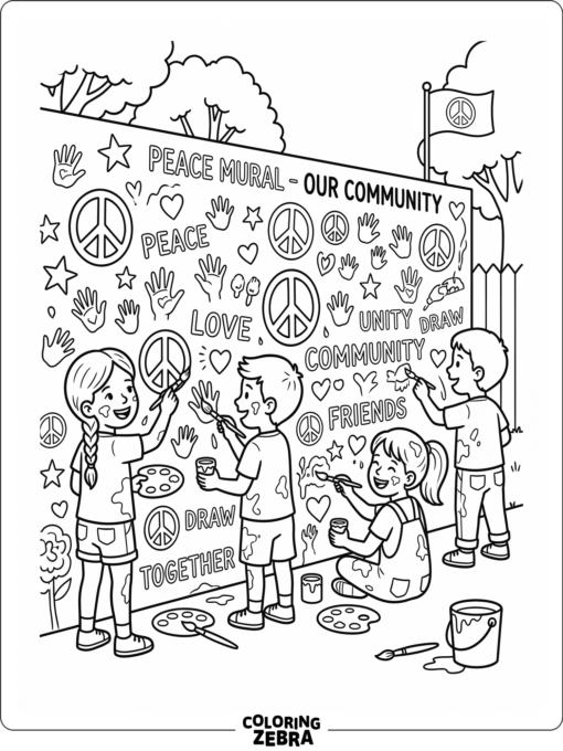 Children painting a community mural with handprints