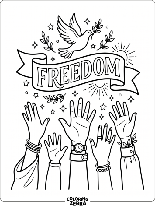 Raised hands with a dove and freedom banner