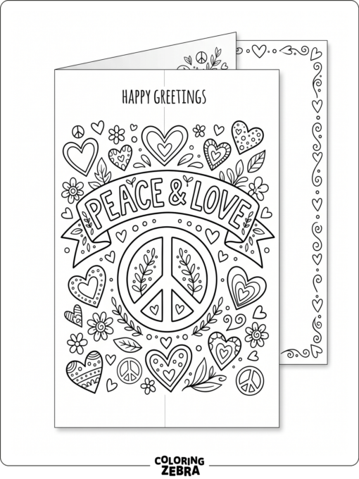 Folded greeting card with peace symbols and hearts