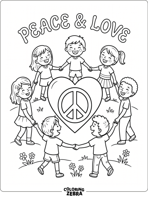 Children holding hands around a heart and peace sign