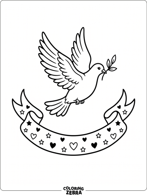 Peace dove flying above a ribbon with stars
