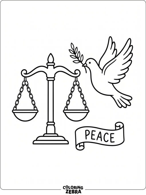 Scales of justice with a peace dove and banner