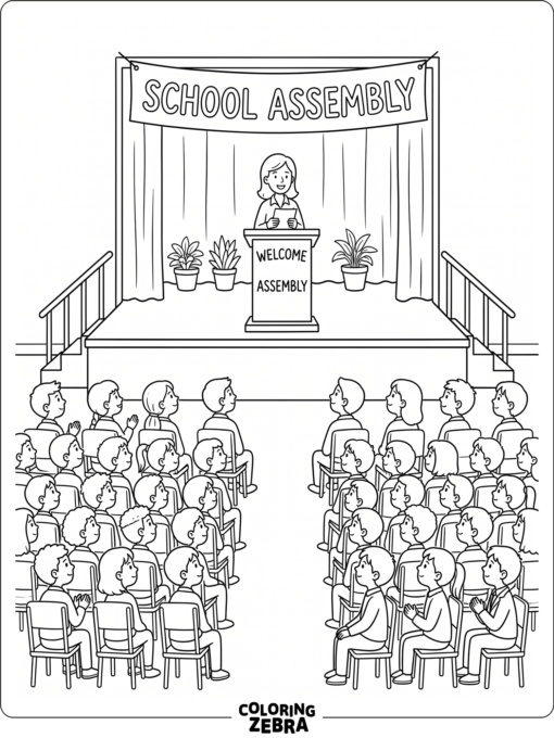 School assembly stage with a podium and banner