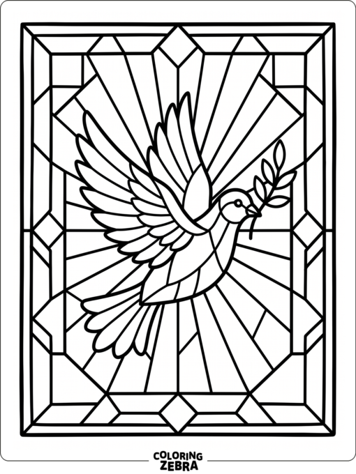 Stained glass dove with geometric panels