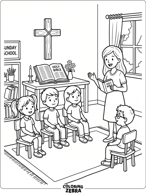 Children listening in Sunday school beside a cross