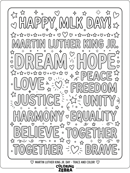 Traceable MLK Day words with stars and hearts