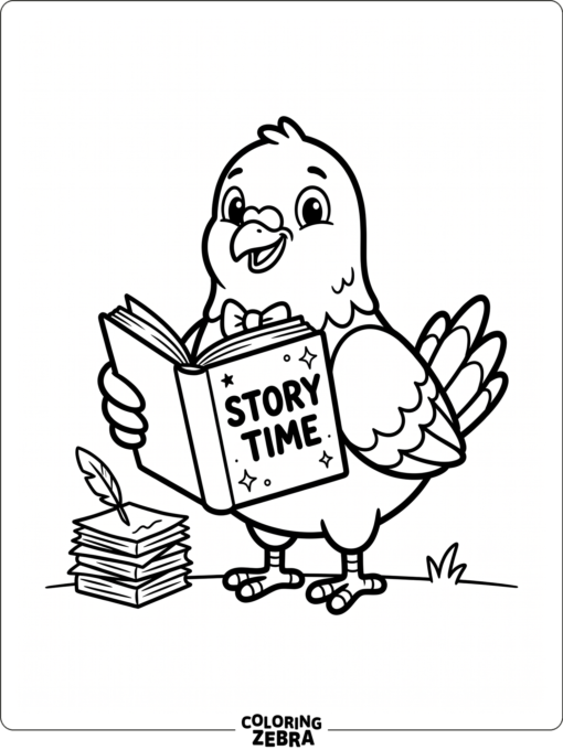 A cartoon pigeon holding a book