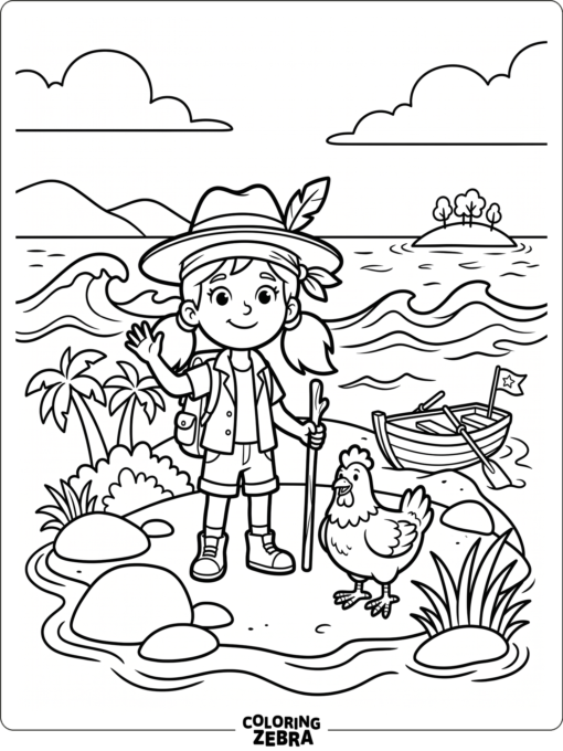 A girl and her chicken friend on a tropical shore