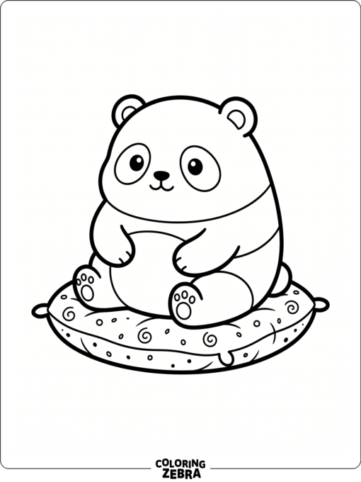 A round mochi panda sitting on a cushion