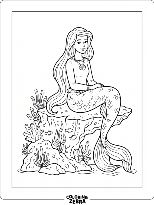 A modest mermaid sitting on a coral ledge