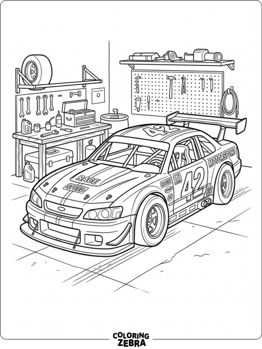 A modified stock car with wide tires in a garage