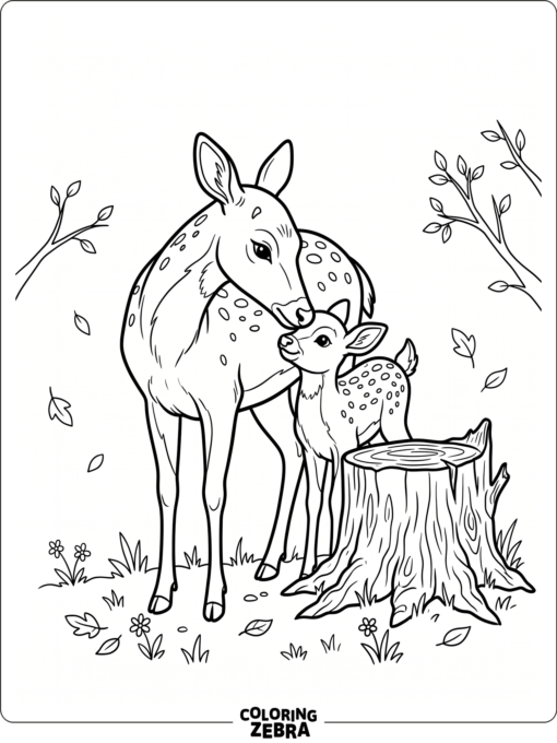 A mom deer nuzzling her baby deer