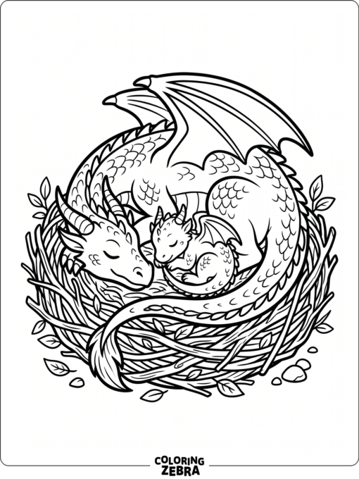 A mother dragon curled around her sleeping baby