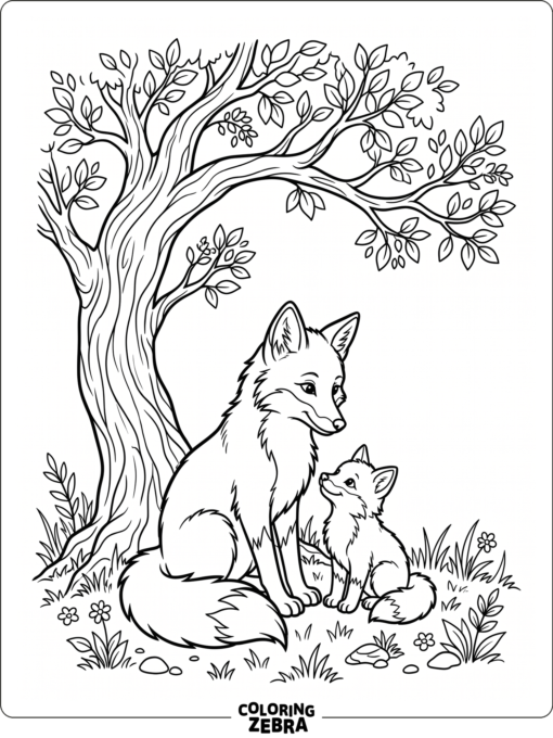 A mother fox with her baby fox under a tree