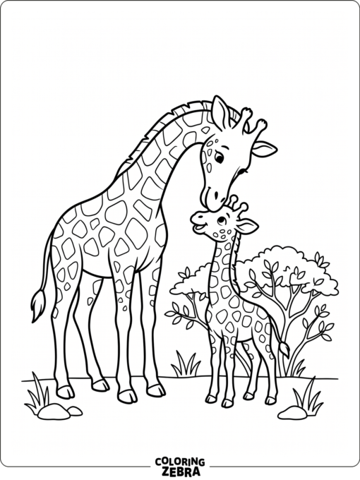 A mother giraffe nuzzling her baby near a bush