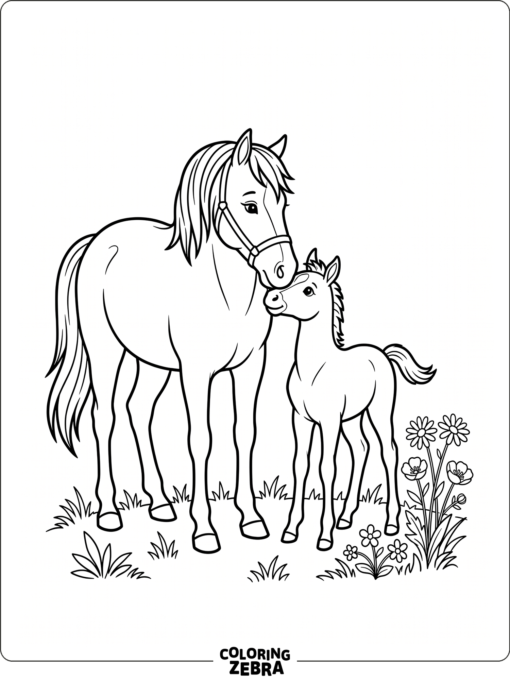 A mother horse nuzzling her baby horse