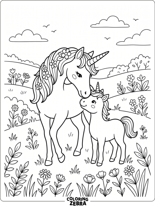 A mother unicorn nuzzling her baby