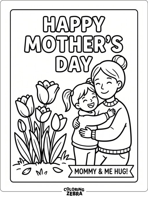 Mom and daughter hugging with tulips