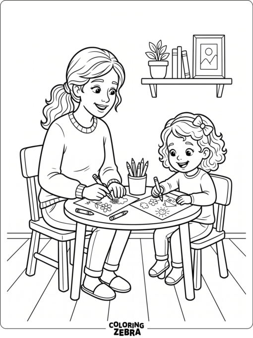 Mother and child drawing at a small table