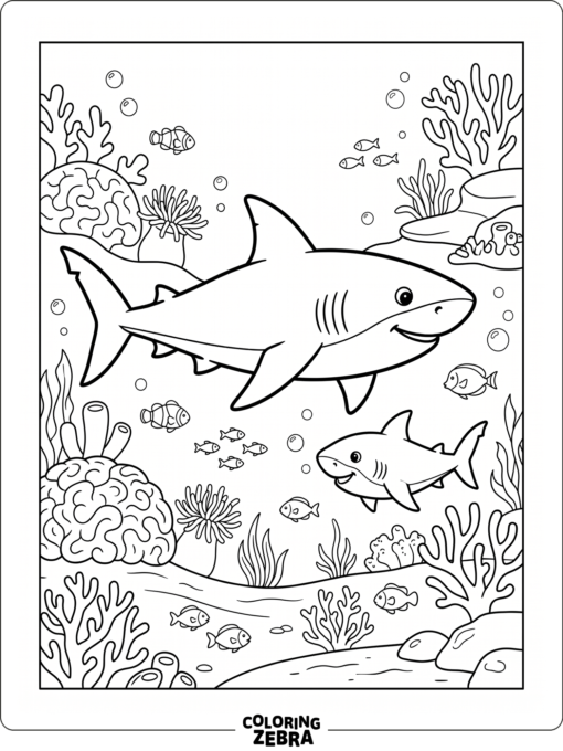 A mother shark swims with her baby near a reef