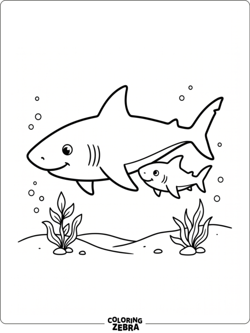 A mother shark swimming beside her baby shark