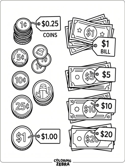 Las monedas y los billetes están ordenados para facilitar la práctica con el dinero