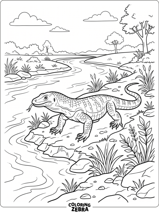 A monitor lizard walking near a riverbank