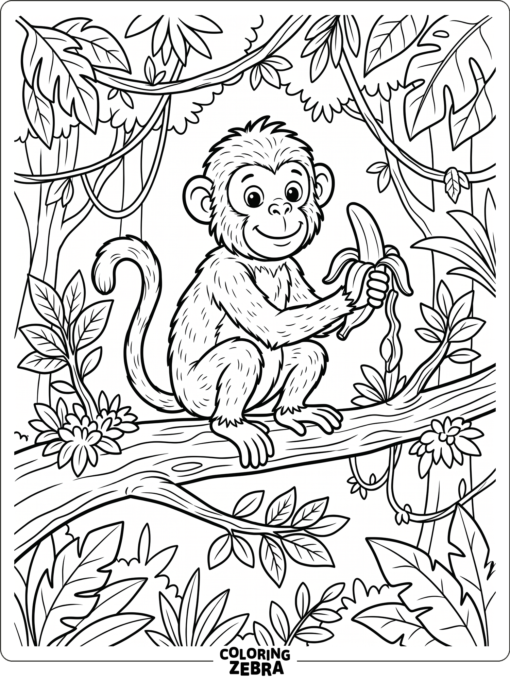A playful monkey with a banana sitting on a branch